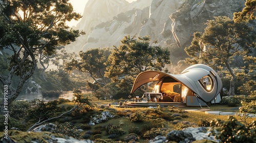 Bring together the unexpected marriage of Futuristic Technologies and Wilderness Camping in a panoramic setting Picture a futuristic campsite surrounded by nature, incorporating surprising camera pers