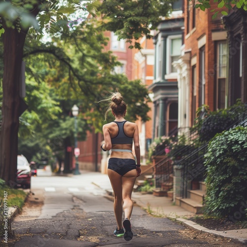 A toned woman in fitness gear, on a leisurely stroll through a historic district. 