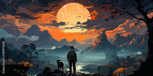 young hiker with backpack and a dog standing on the rock and looking at stars in the night sky, digital art style, illustration painting