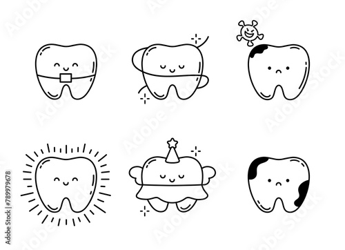 Set of Cute Teeth. Kawaii Baby Characters Teeth. Tooth with Caries, Healthy Tooth, Braces, Clean, Bacteria, Fairy. Pediatric Dentist concept. Vector Linear Illustration