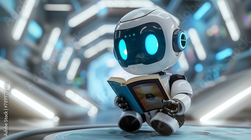 Capture the charm of a little cute smart robot engrossed in reading a book against a futuristic, wide-angle view backdrop, blending technology-themed elements using digital rendering techniques photo
