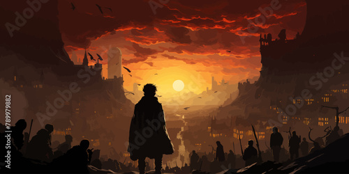 young man with gun looking at crowd of people in apocalyptic city, digital art style, illustration painting