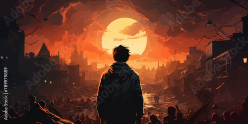 young man with gun looking at crowd of people in apocalyptic city, digital art style, illustration painting