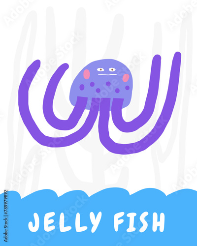 Learn underwater flashcard. Learning English words for kids. Cute hand drawn doodle educational card with sea jellyfish character. Preschool under sea, ocean life learning material