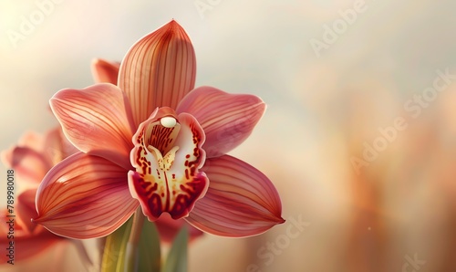 Capture the frontal view of a vibrant, jewel-toned orchid showcasing intricate details in watercolor Emphasize the rich, velvety petals against a soft, blurred background