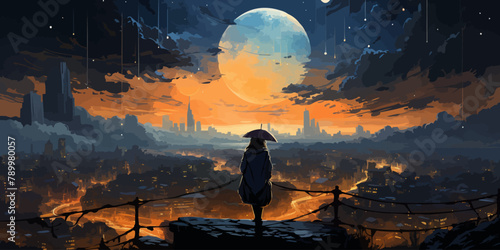 young woman with a glowing umbrella sitting on top of the building against the starry sky, digital art style, illustration painting
