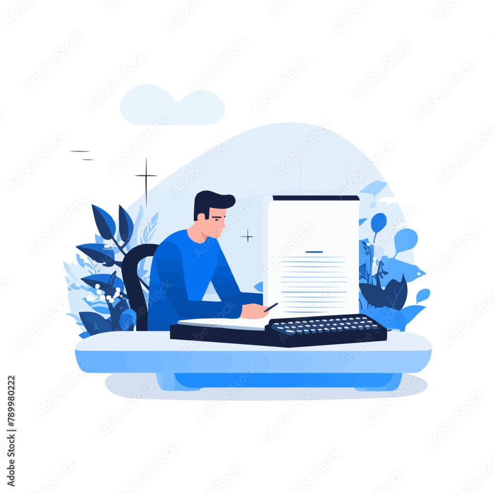 copywriting concept with character. Flat black and blue vector illustration isolated on white background copywriting concept with character. Flat black and blue vector illustration isolated on white background