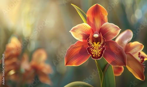 Capture the frontal view of a vibrant, jewel-toned orchid showcasing intricate details in watercolor Emphasize the rich, velvety petals against a soft, blurred background