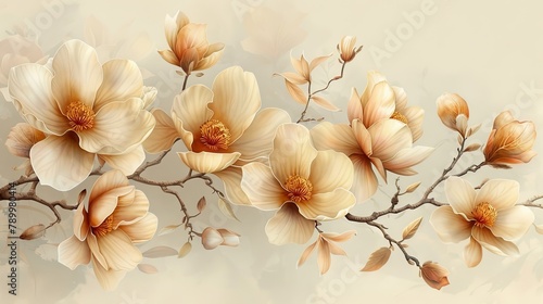 Elegant gold blossom flowers illustration suitable for fabric  prints  covers. Watercolor background with magnolia  line art  tree branch  leaves  foliage.
