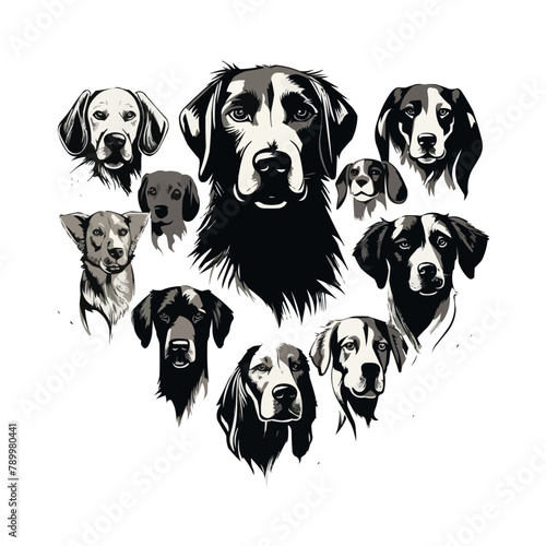 Dog heads, black and white vector, silhouette shapes illustration