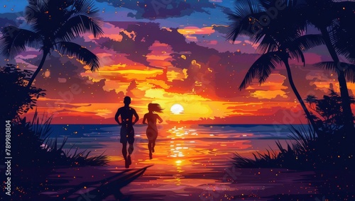 A couple jogging at sunset on a tropical beach with palm trees, capturing the silhouette against a vibrant sky, depicting fitness and romanticism.