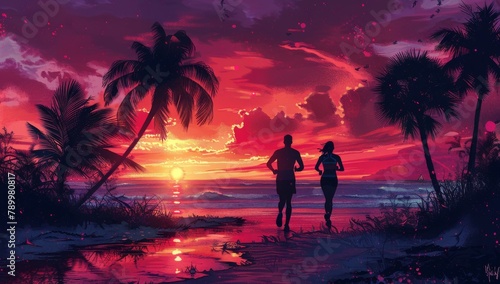 A couple jogging at sunset on a tropical beach with palm trees, capturing the silhouette against a vibrant sky, depicting fitness and romanticism. photo