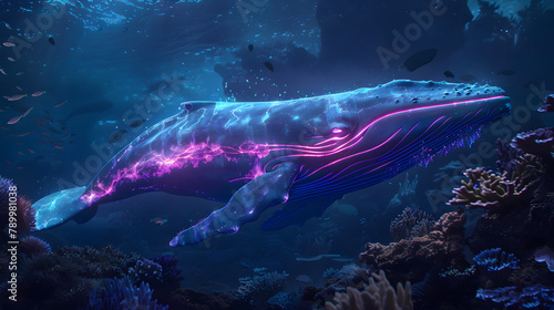 A blue whale with glowing pink and purple stripes swimming in the deep ocean. surrounded by coral reefs illuminated from above. The scene is captured in a hyperrealistic style © Oleksandr