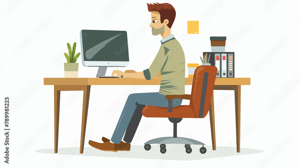 Young man sit at desk from computer. Vector flat style