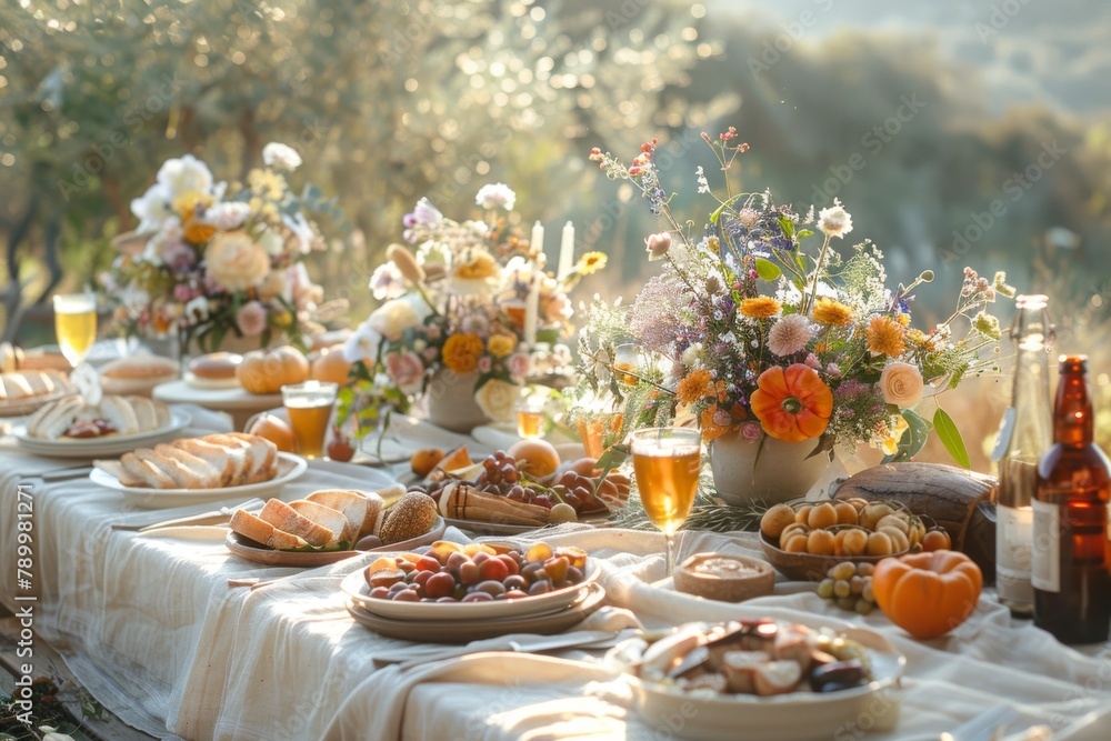 An outdoor table set for brunch with an array of food, flowers, and beverages. The warm sunlight and greenery suggest a peaceful and inviting setting for a leisurely meal.