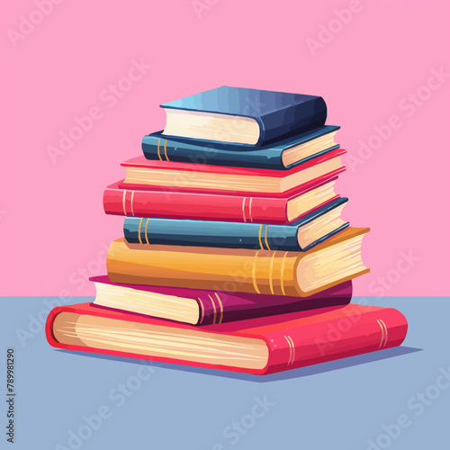 Pile of books for reading. Stack of various textbooks in hardcover, open notebook on a pink background. World book day. Literature, education concept. Isolated flat vector illustration