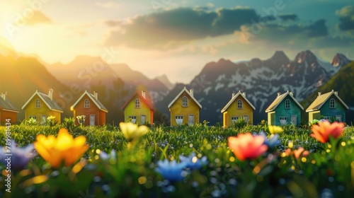Downsizing images, homes are standing in a line, homes are seen in small and big sizes and this image shows downsizing, spring background