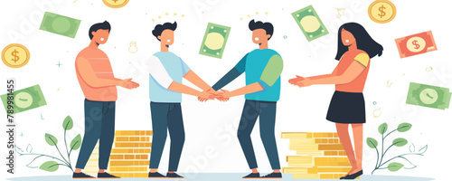 Refer a friend, People share info about referral and earn money, Refer a friend and get rewarded. Job referral set flat vector modern illustration