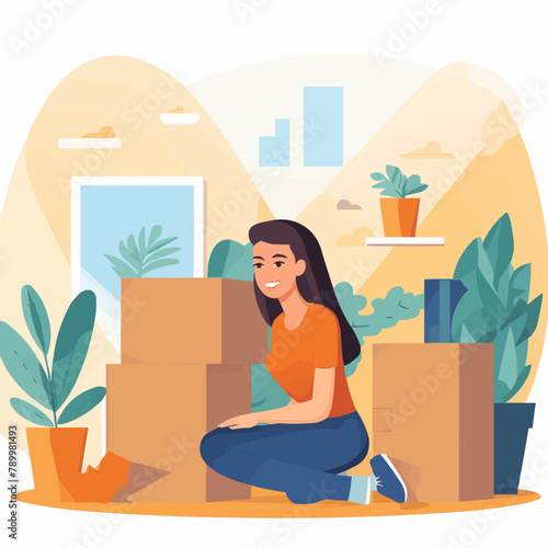 Relocation concept. Happy young woman moving into a house, apartment. Smiling girl packing or unpacking cardboard boxes. Relocating to a new home. Isolated flat vector illustration