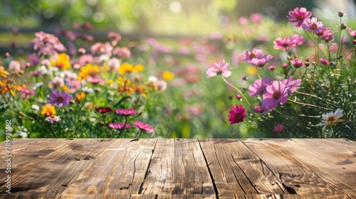 Empty wooden table with garden backdrop