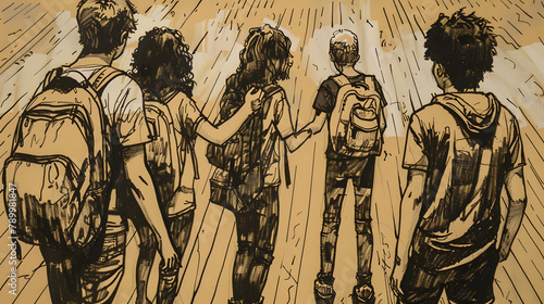 A bunch of teens intertwining fingers. standing in a square