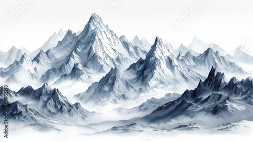 A black and white line art wallpaper with a mountain backdrop. A luxury scenic landscape background design illustration that can be used as a cover, invitation background, packaging design, fabric,