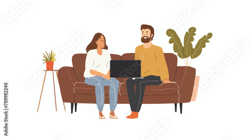 Fototapeta Naklejka Na Ścianę i Meble -  Young woman and man sitting on sofa and watching TV 