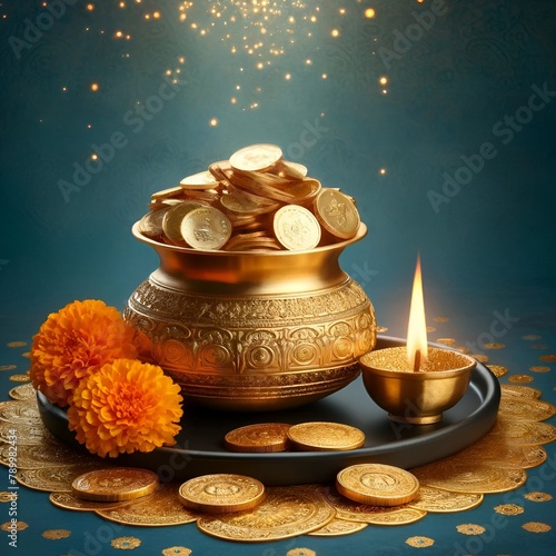 Akshaya tritiya background with a pot filled with gold coins and decoration. © Milano