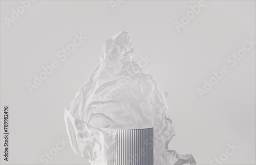 3D display podium white background. Luxury flying cloth in motion. Glamour minimal pedestal for beauty, cosmetic product presentation. Feminine copy space template, luxury curtain, studio 3d render