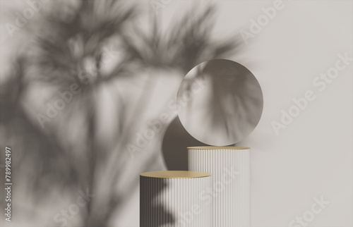 3D background, podium display . Natural nude, beige banner backdrop with palm shadow. Product promotion beauty cosmetic, nature stand. Studio empty Minimal 3D render