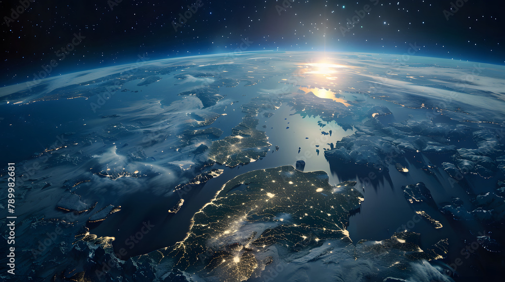 A celestial observation of our globe. with bright lights signifying large conurbations and primary ecosystems like rivers A celestial observation of our globe. with bright lights signifying large conurbations and primary ecosystems like rivers