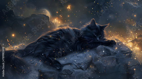 A cat with midnight colors lounging on a celestial. glowing silver and gold star cluster.  photo