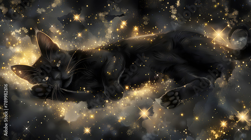 A cat with midnight colors lounging on a celestial. glowing silver and gold star cluster.  photo
