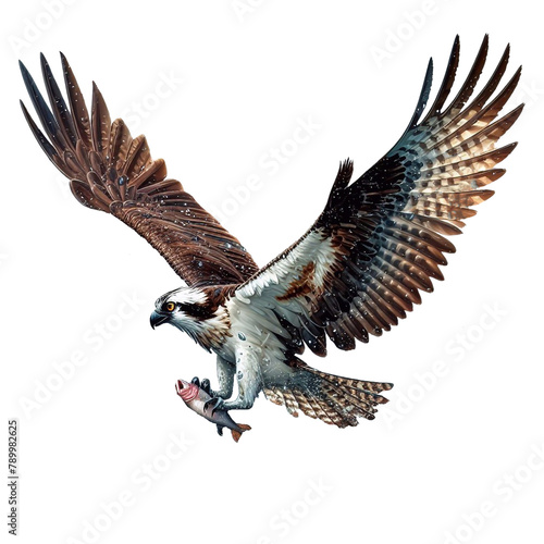 Hawk hovering and catching fish, isolated background