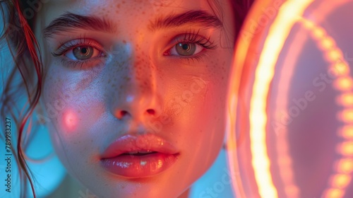 A young woman poses, bathed in the ethereal glow of a ring light, accentuating her striking features and gaze.