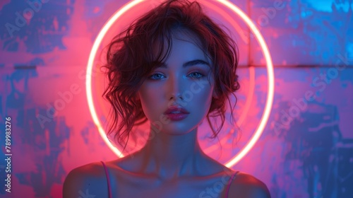 A young woman poses, bathed in the ethereal glow of a ring light, accentuating her striking features and gaze.