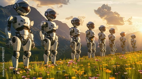 Downsizing images, Robots are standing in a line, robots are seen in small and big sizes and this image shows downsizing, spring background