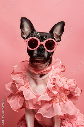 Pit bull dog in pink glasses, and pink dress. Pastel color background. © Jovana Arandjelovic