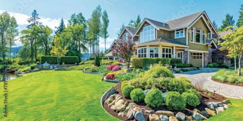An elegant suburban house boasting a meticulous landscaped garden under the clear blue skies of a pleasant summer day.