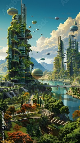 Eco-friendly future city  vertical farms and renewable energy sources  morning light  panoramic shot  vibrant 