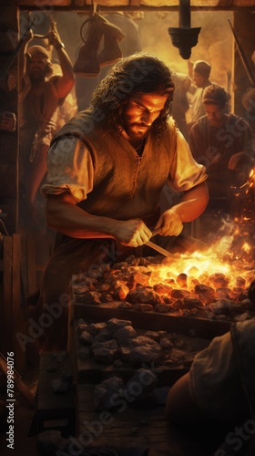 Hittites forging iron in an ancient smithy, close-up, vibrant fire glow, detailed, historical ambiance, 