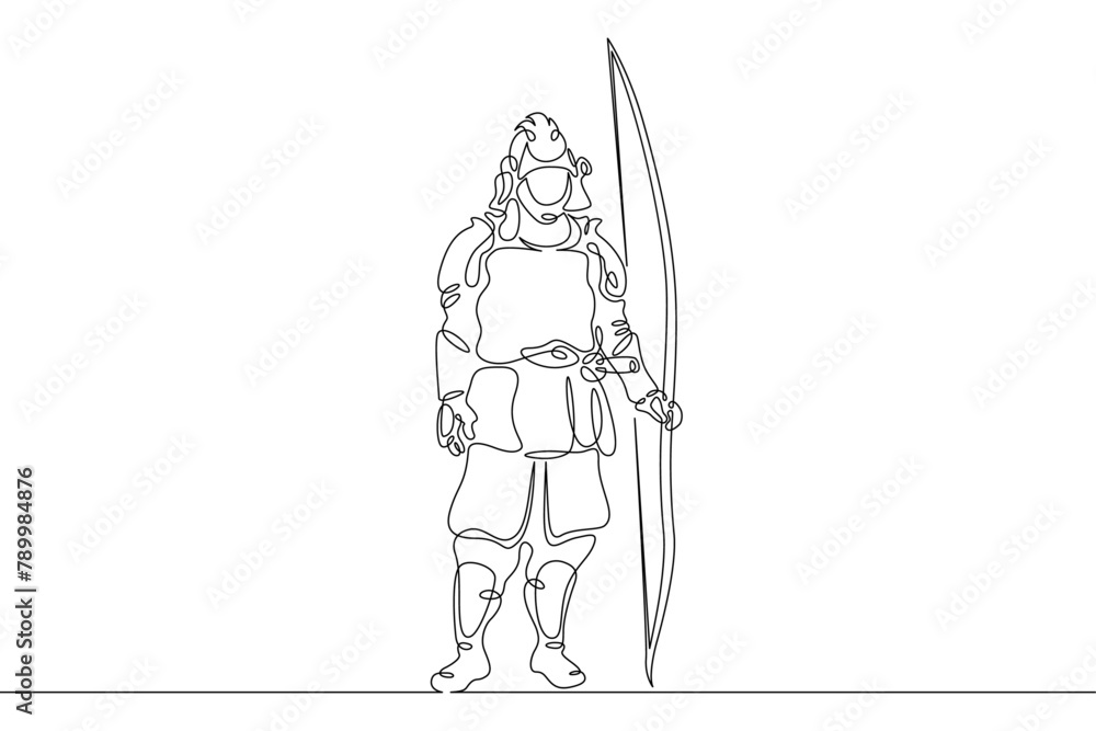 One continuous line.Japanese samurai warrior in historical costume. Asian military national costume. Samurai in battle dress.Continuous line drawing.Line Art isolated white background.