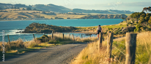 A cyclist enjoys a seaside ride along a beautiful coastal path under a clear blue sky.