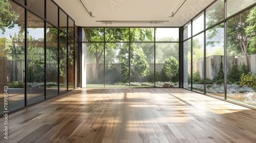 A large  empty room with a lot of windows and a wooden floor. The room is bright and airy  with sunlight streaming in through the windows. The space is open and inviting  with a sense of calm