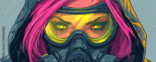 yberpunk girl with pink hair in futuristic gas mask with protective green glasses vector cartoon cyberpunk. vector simple illustration