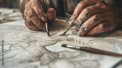 A closeup of a painters hands sketching intricate designs on canvas. showcasing the talent and creativity in painting. The focus is on detailed sketches with paintbrushes photo