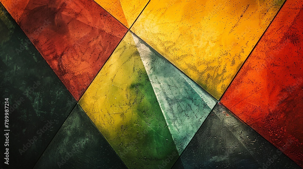 Abstract artwork presents a triangle-filled background. Graphic design highlights geometric shapes.
