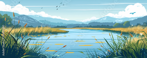 A tranquil coastal marshland with tall reeds, winding waterways, and diverse birdlife. Vector flat minimalistic isolated illustration.