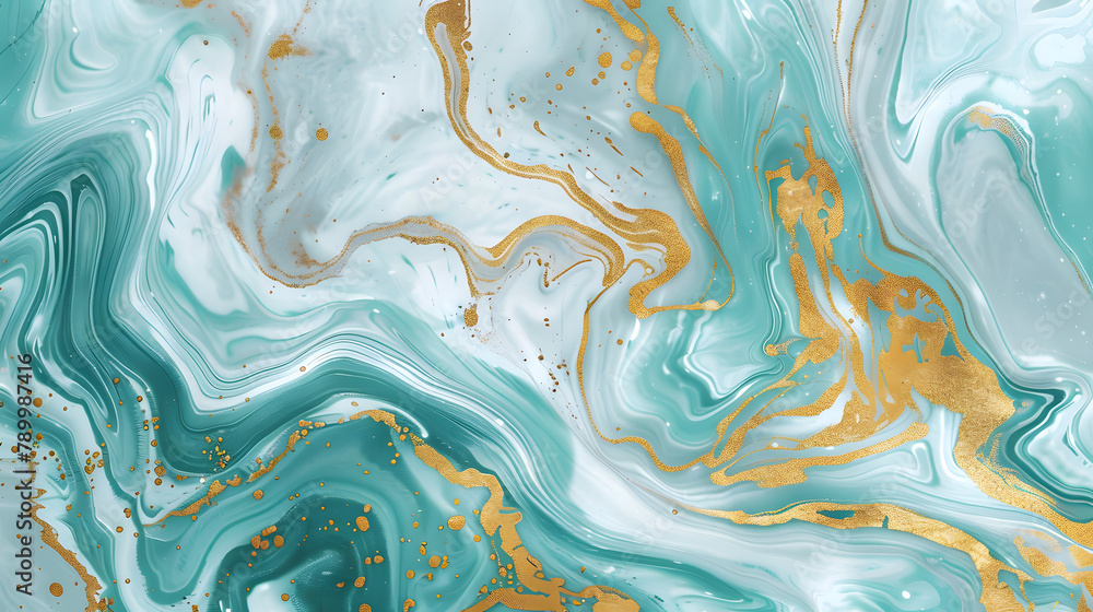 A closeup of an abstract marble pattern. with swirling colors in shades of teal and gold. The background is white A closeup of an abstract marble pattern. with swirling colors in shades of teal and gold. The background is white