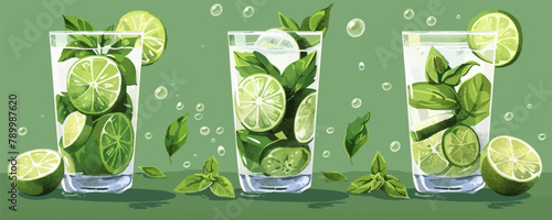 Three glasses of limeade with lime slices in them